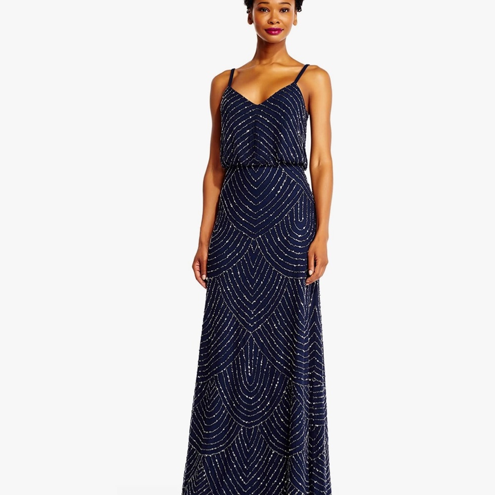 Adrianna Papell Art Deco Beaded Blouson Navy Full Length Formal Gown - Picture 4 of 14